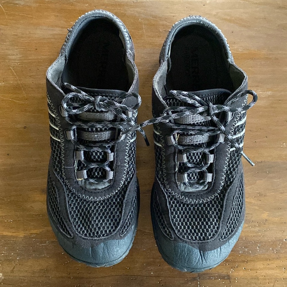 Merrell lace up black and gray running shoes